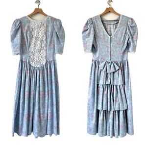 Vintage 80s Gunne Sax by Jessica McClintock Floral Lace Bow Midi Dress Size 9/10